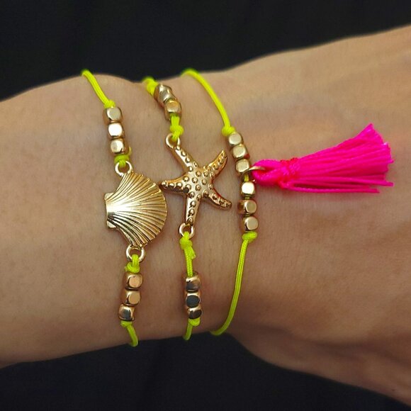 Golden Starfish - Shell - Pink Tassel - Set of Beach-Themed Friendship Bracelets - Picture 1 of 5